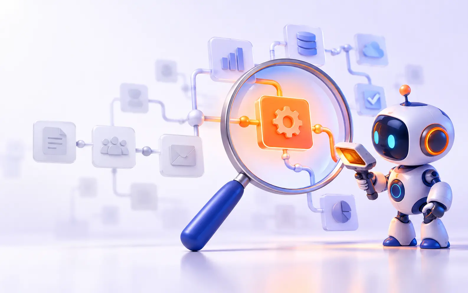 A blue and orange AI audit agent inspecting a business workflow through a magnifying lens