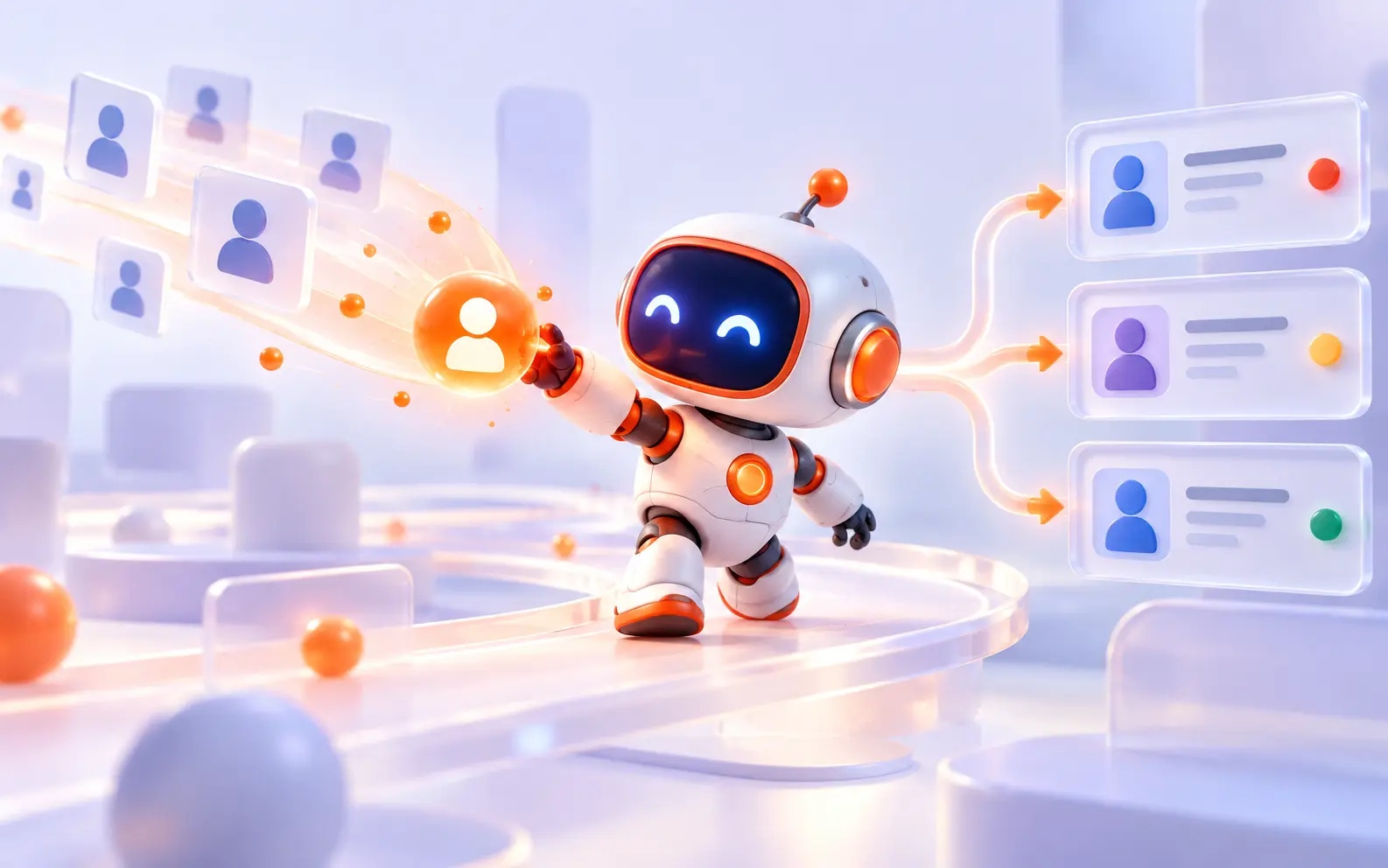 A small orange AI operations agent routing a glowing lead into a CRM pipeline
