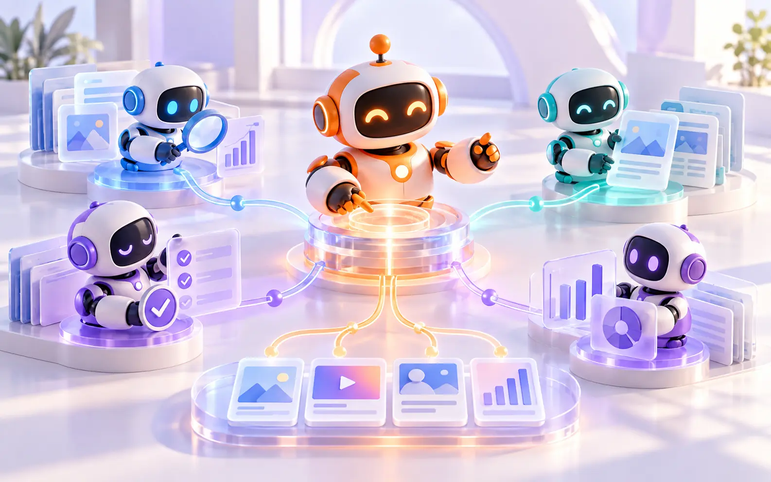 Four colorful specialist AI agents coordinated by one orange orchestrator