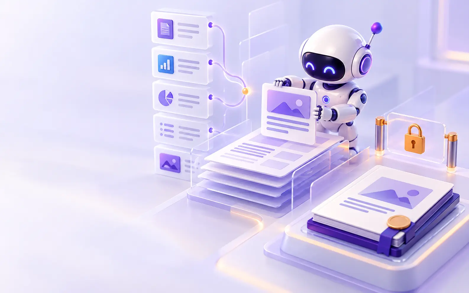A violet AI proposal agent assembling approved document blocks behind a review gate