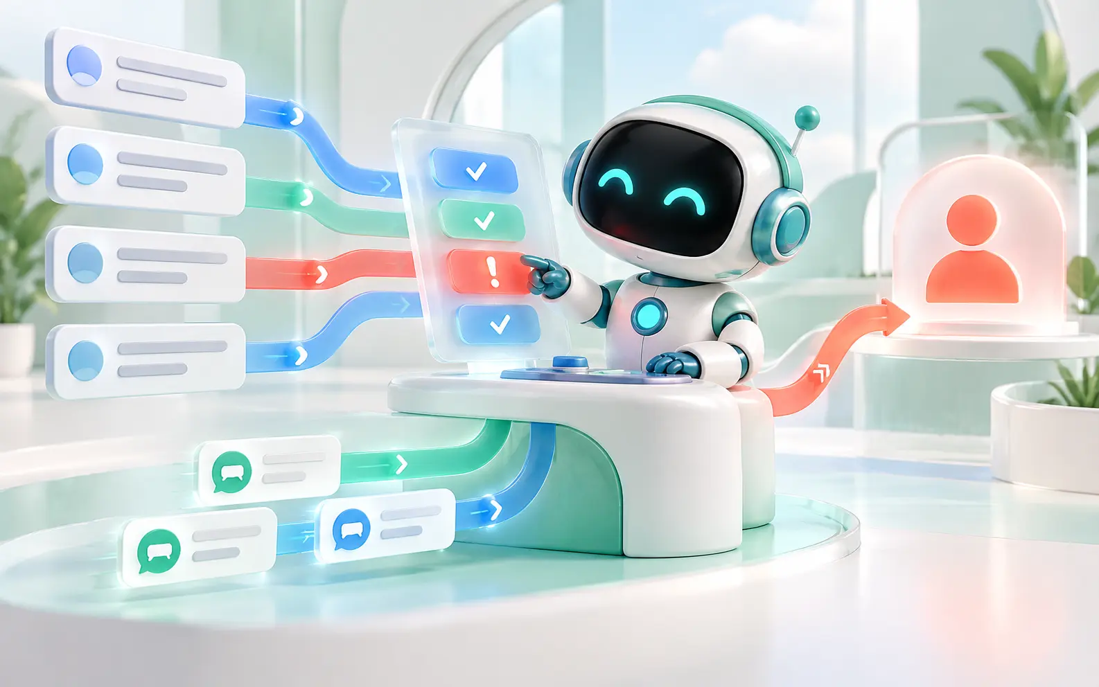 A teal AI support agent routing routine messages and escalating an urgent case